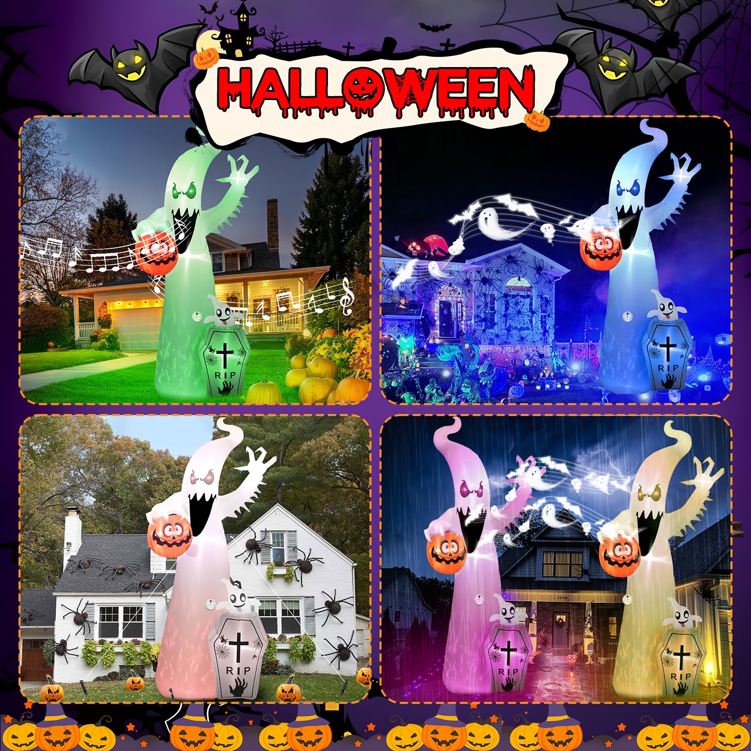 Quntis 12FT Halloween Inflatable RGB Outdoor Decoration with Projection Lights and Scary Sound, Halloween Blow Up Yard Decorations, Waterproof Inflatable Halloween Pumpkin Ghost with LED for Garden