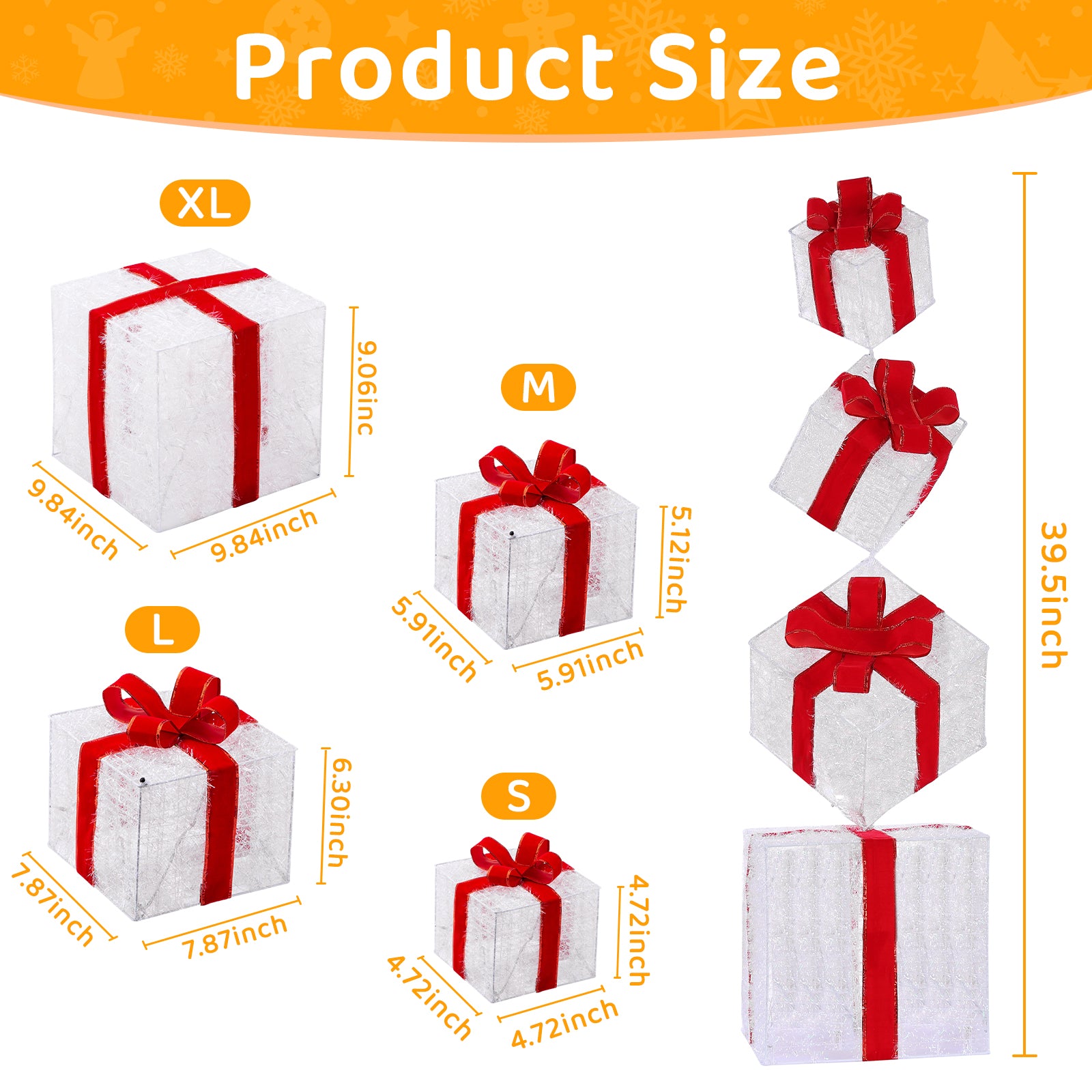 Quntis LED Christmas Gift Box Set 4 Piece Warm White Lights Stacked Present Boxes with 8 Lighting Modes for Holiday Decor