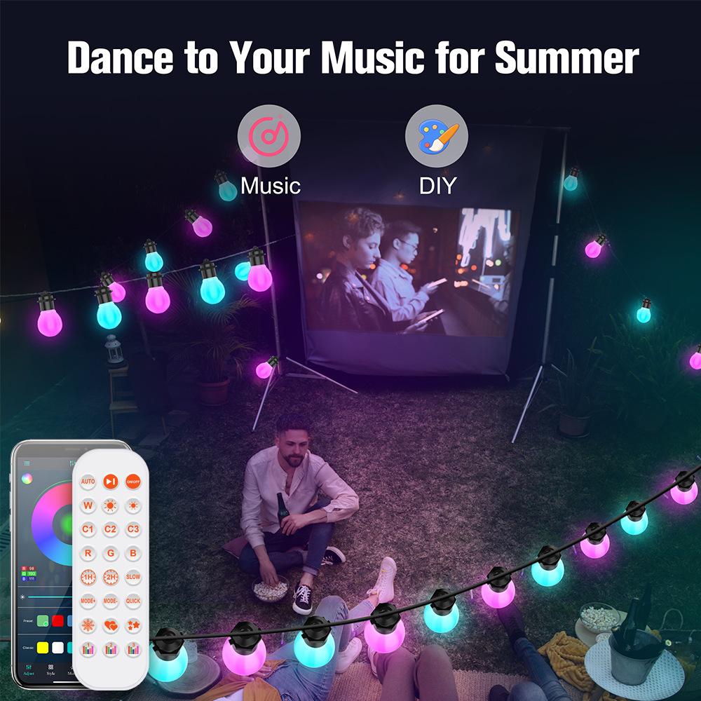 Luzes de Cordão Exteriores Inteligentes, Luzes RGB para Pátio com 15 Lâmpadas LED Reguláveis, IP67 à Prova de Água, Temporizador, Luzes Brancas Quentes e Sincronização com Música para Varanda, Quintal, Festa