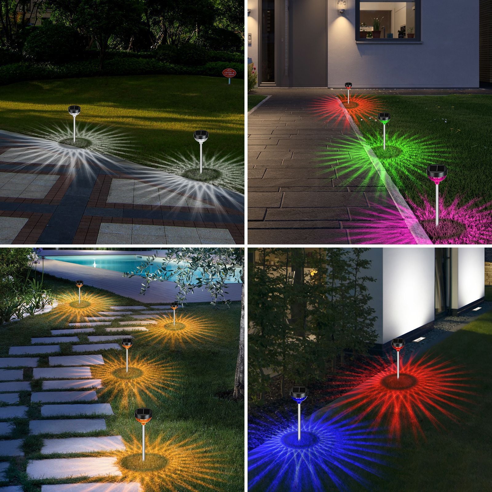 Luci da Giardino a Energia Solare Impermeabili con Cambio Colore per Esterni (RGB/Bianco Caldo/ Bianco Freddo)