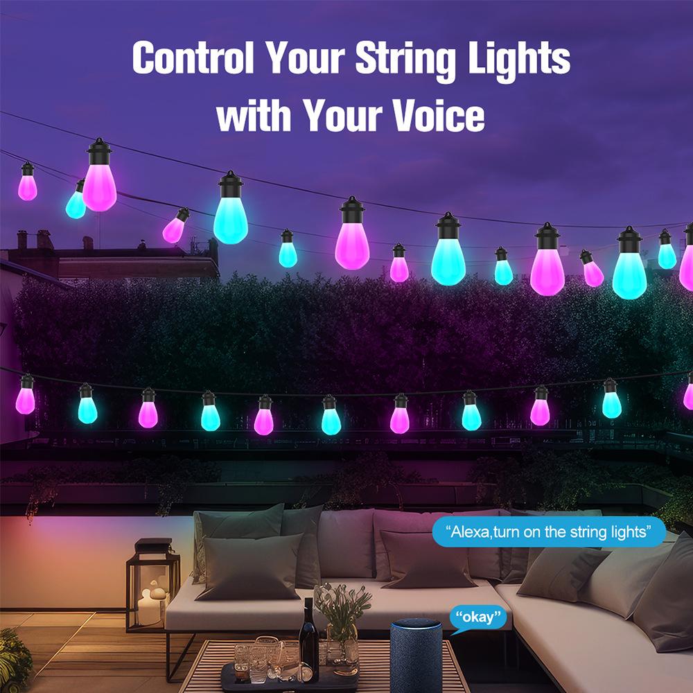 Luzes de Cordão Exteriores Inteligentes, Luzes RGB para Pátio com 15 Lâmpadas LED Reguláveis, IP67 à Prova de Água, Temporizador, Luzes Brancas Quentes e Sincronização com Música para Varanda, Quintal, Festa