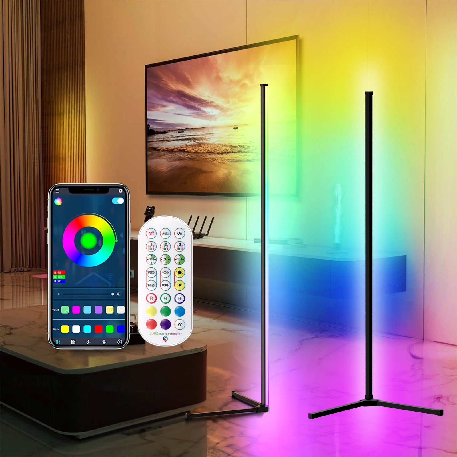 Угловая напольная лампа, RGB цветная изменяющаяся настроечная лампа с дистанционным управлением, диммируемая светодиодная угловая лампа с синхронизацией музыки, современная напольная лампа для гостиной и игровой комнаты