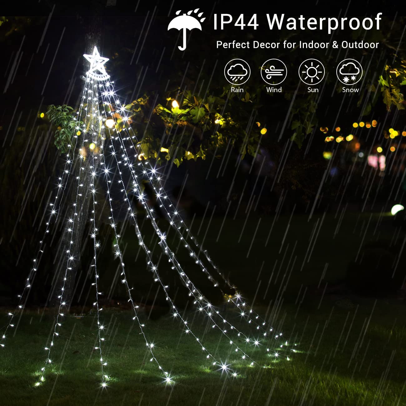Star String Lights with 12" Star Topper, 8 Modes Waterfall Lights, 4 COLOR
